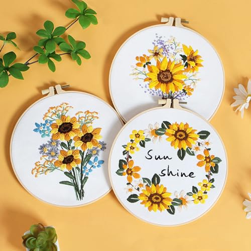 Image of Huacan 5 Sets Embroidery Kit for Beginners Include Embroidery Clothes with Pattern,Embroidery Hoops, Instructions,Color Threads Needle Kit (Sunflower) (Sunflower)