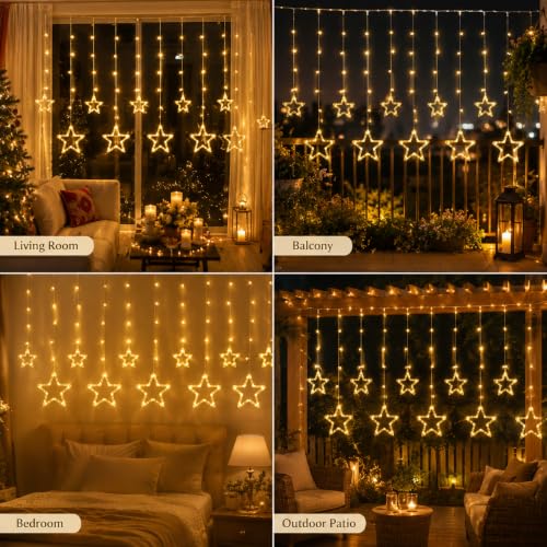 Image of Desidiya Star Curtain LED String Lights for Decoration | 120 Warm White | SMD LEDs | 10 Hanging Drops | 8 Lighting Modes | Waterproof Curtain Fairy Lights for Diwali, Christmas & Home Decor (11 Ft)