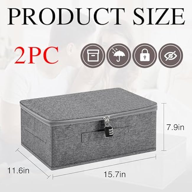 2 Pack Locking Storage Boxes with Combination Locks 15.7x11.6x7.9 Inch Foldable Lidded Cotton Organizer Privacy Storage Bins with Locks Washable for Home Office Closet Clothes Organization (Gray)