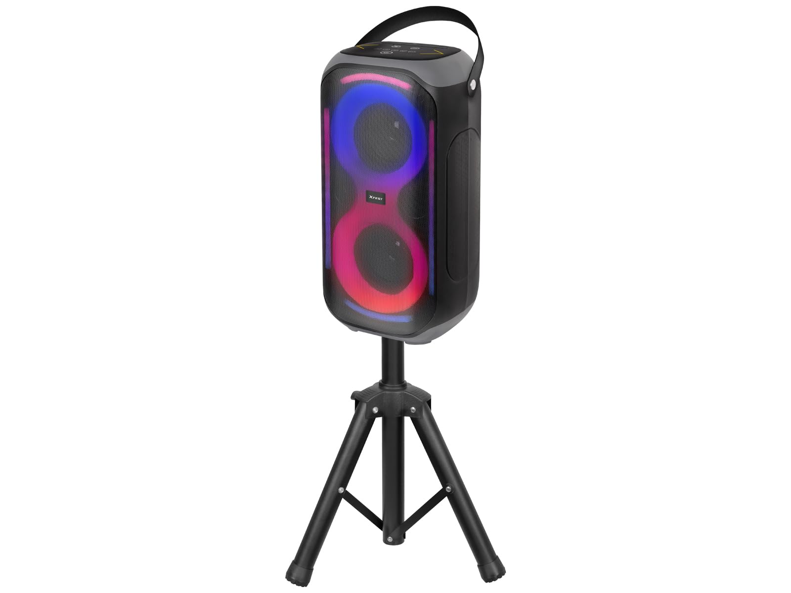 Trevi XFest XFM 225 W bezprzewodowy głośnik 50 W ze statywem i mikrofonem bezprzewodowym, przenośna skrzynka na imprezy i karaoke z TWS, USB, AUX-IN, wielokolorowe światła LED, akumulator USB-C