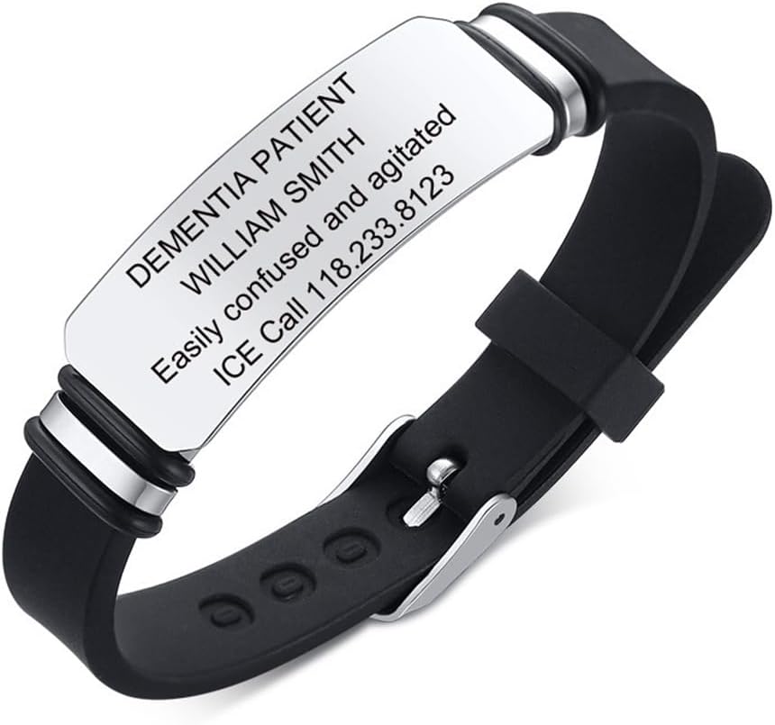 Personalized Medical ID Bracelets for Men Women Laser Engraved Silicone ID Bracelet Adjusted Water-proof Alzheimers Dementia Identification Wristbands for Him & Her