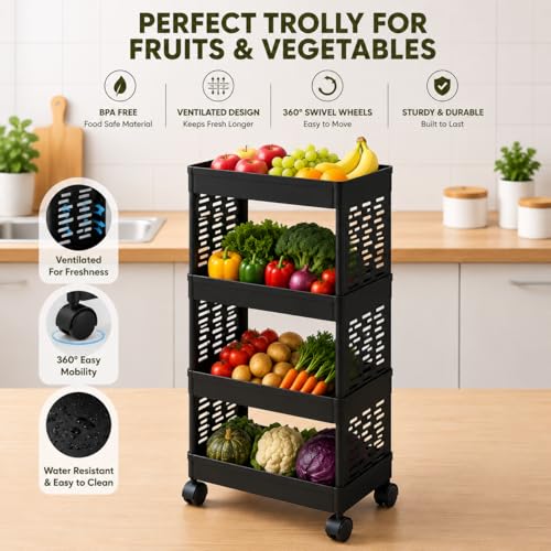 Image of wall love Plastic Storage Rack Trolley with Wheels for Kitchen, Bathroom & Bedroom - Multipurpose Organizer Shelf Rack for Fruits, Toiletries, Snacks and Household Storage (4 Layer)