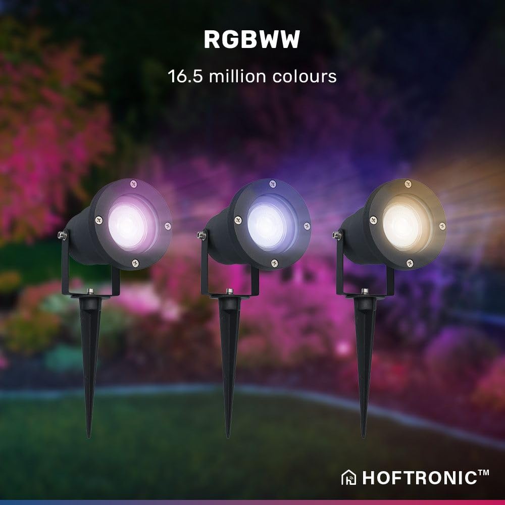 HOFTRONIC 3er Sydney - RGBWW LED Strahler mit Erdspieß - 1,5M kabel mit Stecker - WiFi+Bluetooth - 16,5 Millionen Farben - Steuerbar über Ihr Smartphone oder Alexa & Google Home