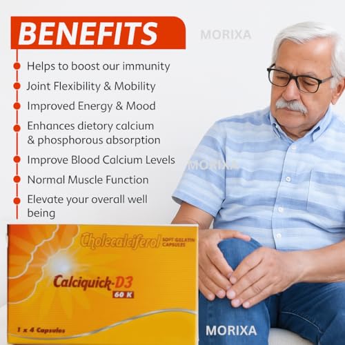 Image of MORIXA Calciquick D3 60000 IU Softgel Capsules | Vitamin D3 (Cholecalciferol) Supplement for Bone, Teeth, Muscle & Immunity Support | 5 Strips x 4 Capsules (20 Capsules)