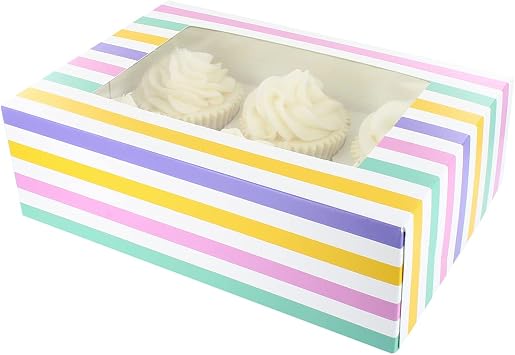 Baked with Love 650214 6/12 Cupcake Box, Twin Pack, Bold Stripes & Yellow Windowed to Carry Tasty Treats, Includes Dual Insert for 6 Standard Cupcakes or 12 Mini Cupcakes, Pack of 2 Boxes | 24.0 x 16.5 x 7.5cm, Dual Insert For 6 Standard Or 12 Mini Cupcakes, Sturdy Food-Safe Card