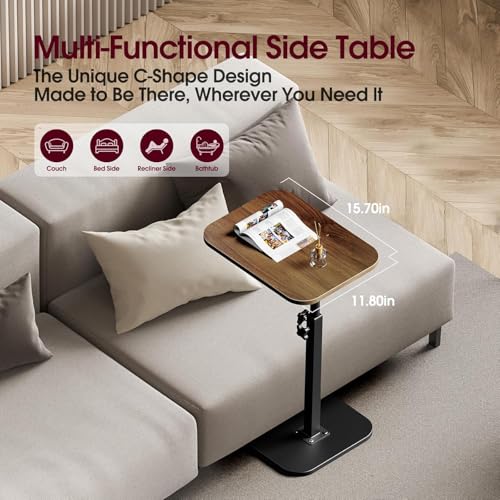 Image of Adjustable C-Type Side Table for Sofa & Bed, 60cm Height 40cm Width, Wooden Top End Table with Metal Base, Space Saving Laptop Table, Living Room Bedroom Snack Coffee Table