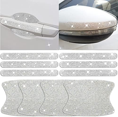 10 pcs Bling Diamond Car Door Handle Stickers, Bling Car Accessories for Women, Universal Rhinestone Crystal Glitter Door Handle Protector Stickers and Decals, Scratch Safety Reflective (Silver)