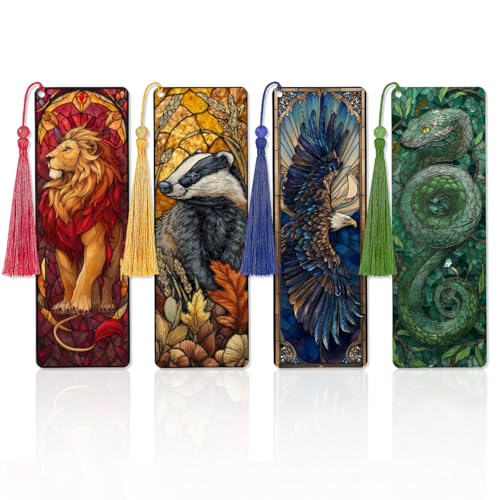 Zaamwoyy 4 Pcs Stained Glass Animal Bookmarks for Women Men Magic Transparent PVC Bookmark with Tassels Fantasy Reader Gift Cool Book Marks Accessories for Reading Lovers Bookish