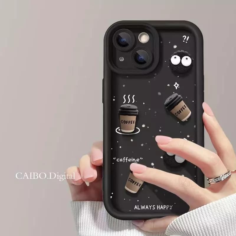 Image of COVERLY Back Case Cover Compatible with iPhone 15 Pro Max | Cute Fun Cartoon Characters 3D Ball Coffee Cookies Silicone Case | Body Protection | 360 Camera Protection | Shock Proof | (Happy Black)