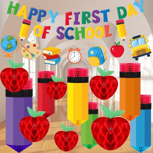 Image of Pajean 48 Pcs Happy First Day of School Classroom Decorations with Pencil and Red Apple Shaped Hanging Honeycomb Centerpieces Banner Decor for Classroom Back to School Ceiling Party Supplies