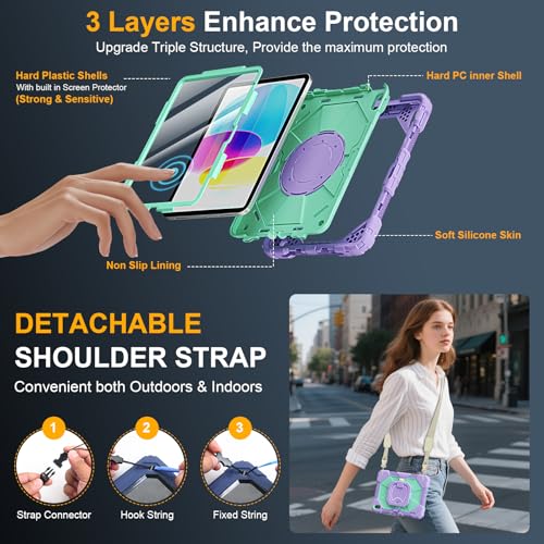 Image of Case for iPad A16 11th /10th Generation 11 inch /10.9 inch 2025 /2022, Ubearkk for iPad a16 case with Screen Protector, 360 Degree Rotating Stand Shoulder Strap Pencil Holder Purple Mint