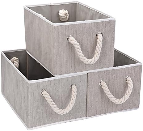 JS HOME Foldable Basket Organizer Bin, Polyester Storage Box with Strong Cotton Rope Handle, Grey, Large, 3-Pack