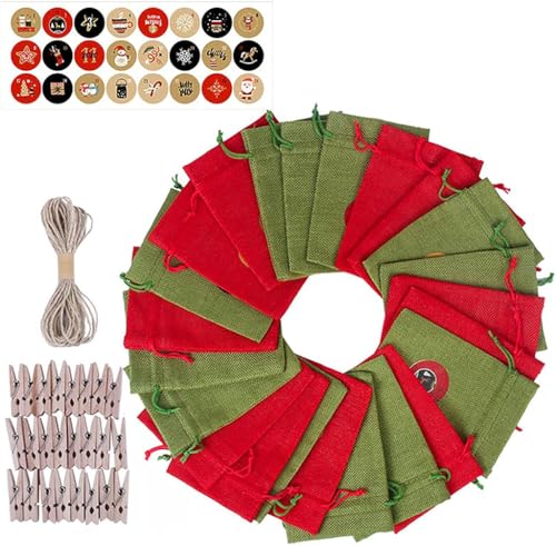 Sacs en lin avec pinces en bois et autocollants pour calendrier de l'Avent et cadeaux maison