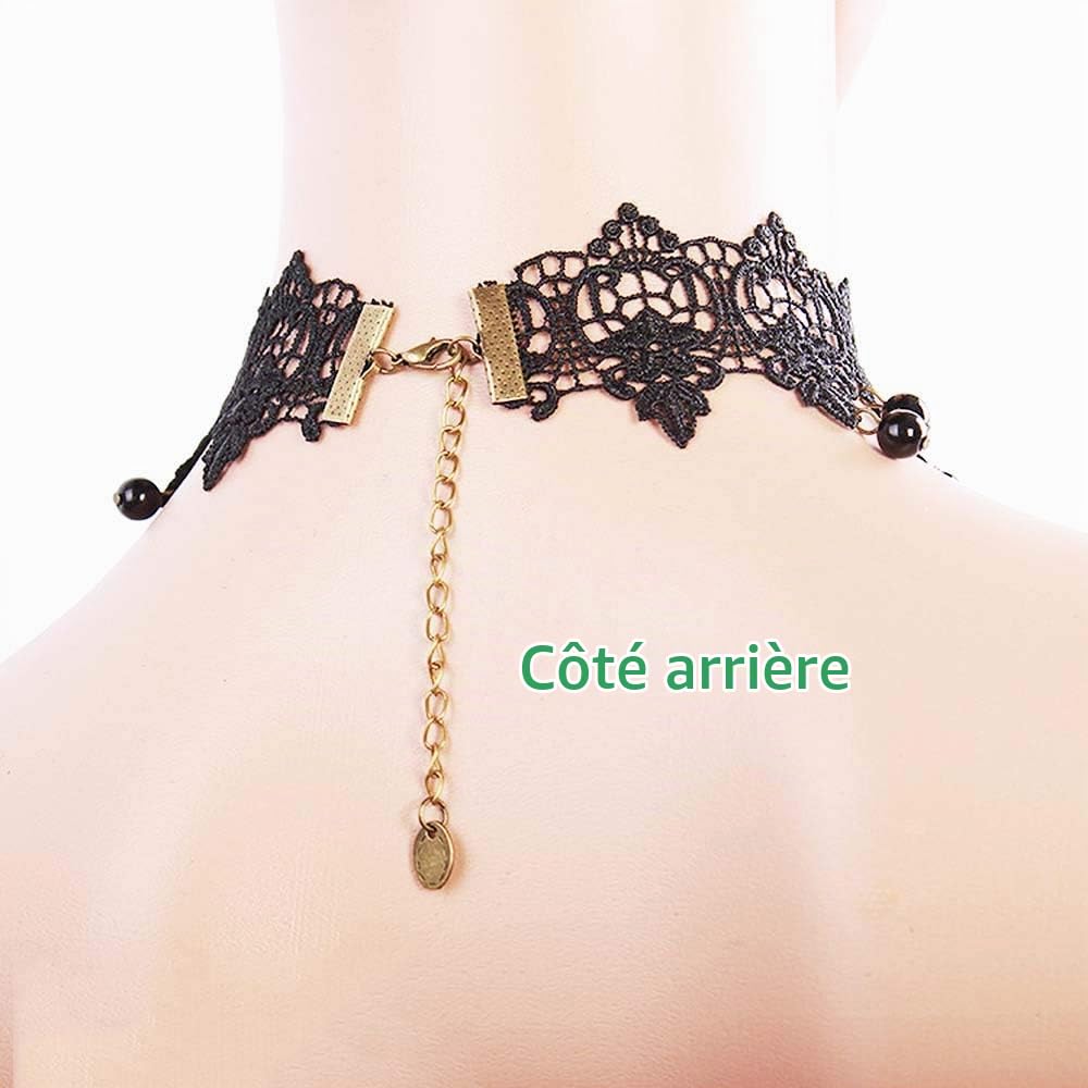 Collier Tour de Cou Dentelle avec Bracelet Punk Party Gothic Vintage Fait Main Lolita Rétro Esclave Punk Vampire Victorien Pendentif pour Femmes Noires - Style 2
