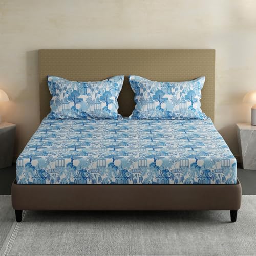 Image of Layers 100% Cotton Fitted Sheet for King Size Bed | Lumina Floret Collection | 144 TC Soft & Breathable | Printed with 2 Pillow Covers | Wrinkle Free & Colorfast | 3 Pc Bedding Set - Blue