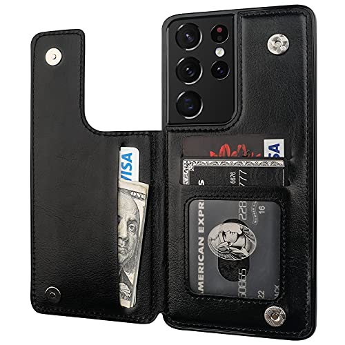 ONETOP Compatible with Samsung Galaxy S21 Ultra Wallet Case with Card Holder PU Leather Kickstand Card Slots Case Double Magnetic Clasp and Durable Shockproof Cover 5G 6.8 Inch(Black)
