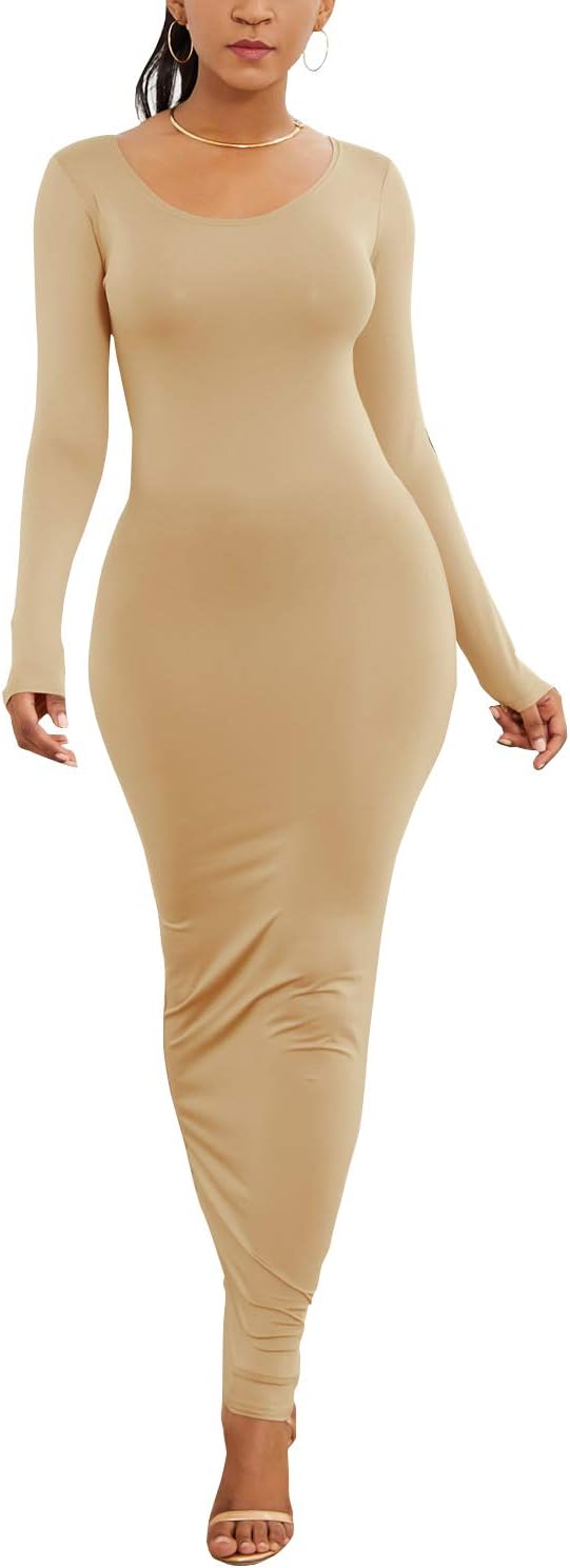 PRIMODA Women's Turtleneck Long Sleeve Bodycon Maxi Dress Casual Long Dress