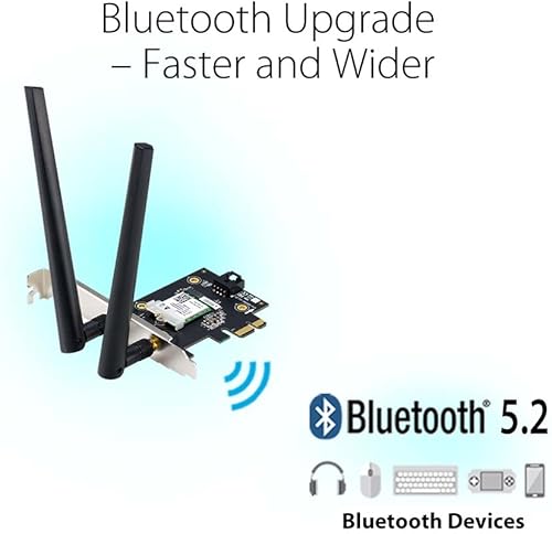 Miniatura 5 de ASUS Adaptador WiFi PCIe AX1800 (PCE-AX1800) - WiFi 6, Bluetooth 5.2, latencia ultra baja inalámbrica, 2 antenas externas, compatible con velocidad
