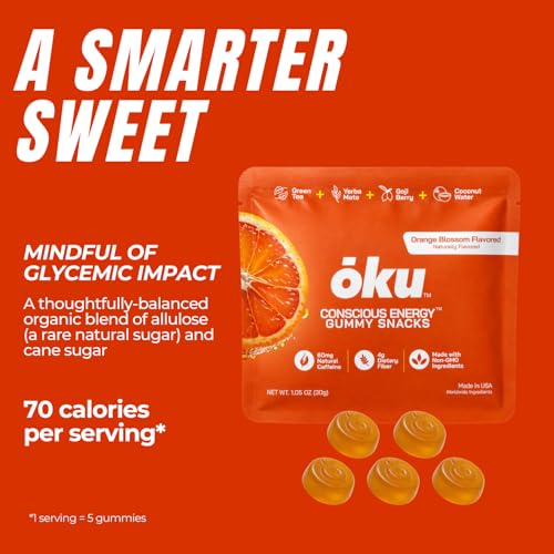 Image of OKU Energy Gummies with Caffeine from Green Tea & Yerba Mate, Clean Energy & Focus, Coconut Water for Hydration, Vegan, Gluten-Free Orange Blossom (8-Pack)