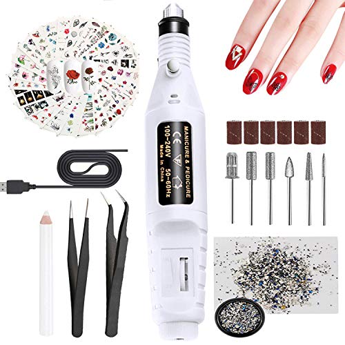 Lima de uñas eléctrica, JUSTDOLIFE Kit de Manicura Eléctrico, Torno para uñas USB Manicure Pen Sander Polisher With 6 Pieces, Pegatinas para Uñas, Set de Manicura para Salón/DIY