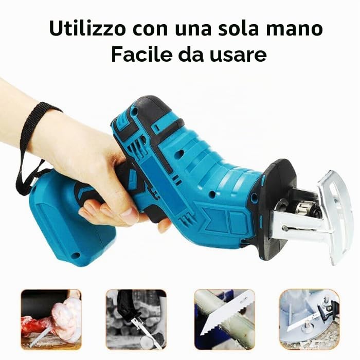 Sega a Gattuccio Sega Universale Multifunzione con Seghetto a Batteria per Potatura, 2 Batterie ricaricabili, Luce LED, con 4 Lame, ideale per il taglio di legno e metallo