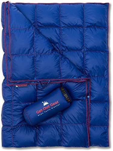Get Out Gear Down Camping Blanket - Lightweight Warm and Packable | Ideal for Backpacking,Travel, Festivals, Beach, Hammock | 650 Fill Power Water-Resistant Backpacking Quilt (Blue/Red)