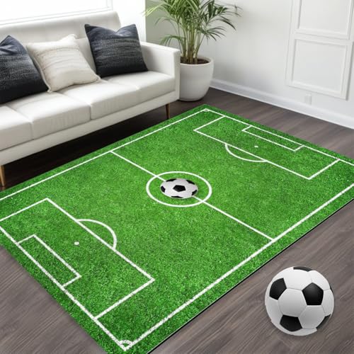 PORFOYO Tapis Chambre Enfant, 80x150 CM Tapis De Football Chambre, Terrain De Foot, Football Salon Bain Lavable Anti Derapant (Vert)