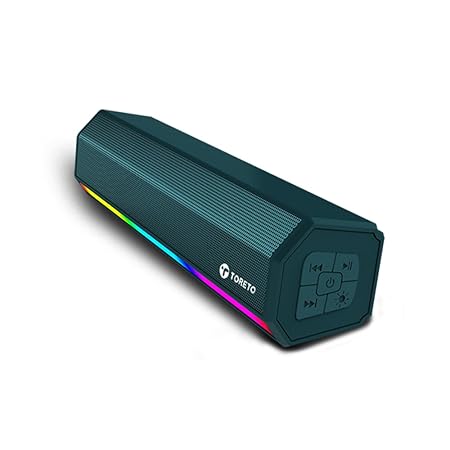 Toreto Beam Pro 16W Bluetooth Sound bar, 2000Mah Battery, 2.0 Channel with 52mm Drivers, Multicolor LED Lights with TWS, AUX, Bluetooth and USB, FM Radio (Blue)