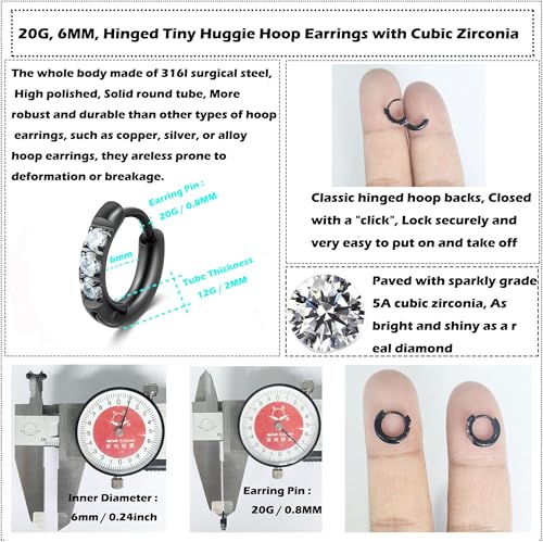 Image of Hypoallergenic Unisex Surgical Steel Small Cubic Zirconia Huggie Hoop Earring, Color Gold - Silver - Rose Gold - Black - Rainbow, Size 6mm- 12mm Safe for Sensitive Ear