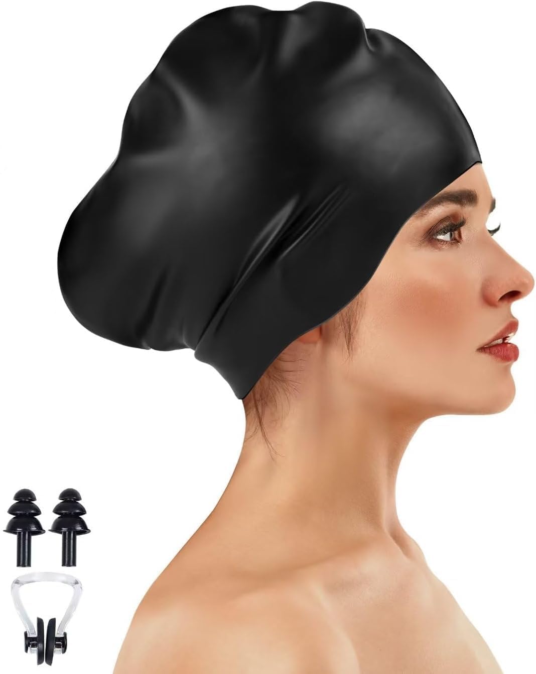 Large Long Hair Swim Cap with Extra Room for Women Men, Silicone Swimming Cap for Long Thick Hair with Ear Plugs Nose Clip Set, Adult Waterproof Swim Hats Bathing Caps to Keep Hair Dry (Black)