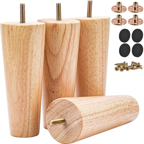 Image of 7 inch Solid Wood Furniture Legs, 4Pcs Mid-Century Modern Wooden Replacement Feet with Threaded 5 /16'' Hanger Bolts & Mounting Plate & Screws for Sofa Couch Armchair Cabinet TV Stand
