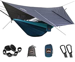 Camping Hammock with Mosquito Net and Rain Fly Tarp, Portable Double Hammock with Two Tree Straps, 210T Nylon Hammock and Waterproof Rain Fly Set for Hiking, Backpacking (Blue)