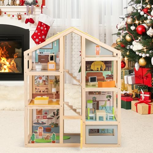 FANTASK Casa de muñecas de Madera, Multicolor con Muebles y Accesorios completos, 3 Pisos, casa de muñecas DIY con Garaje y Puerta Abierta, para niñas y niños a Partir de 2 años - imagen 2