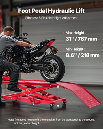 Image of VEVOR Motorcycle Lift Table, 1000lbs Weight Capacity, 360 Flexible Moving Motorcycle Jack Stand, 8.6-31 in Height Range, Heavy Duty Bike Repair Stand with Security Lock for ATVs, Dirt Bike