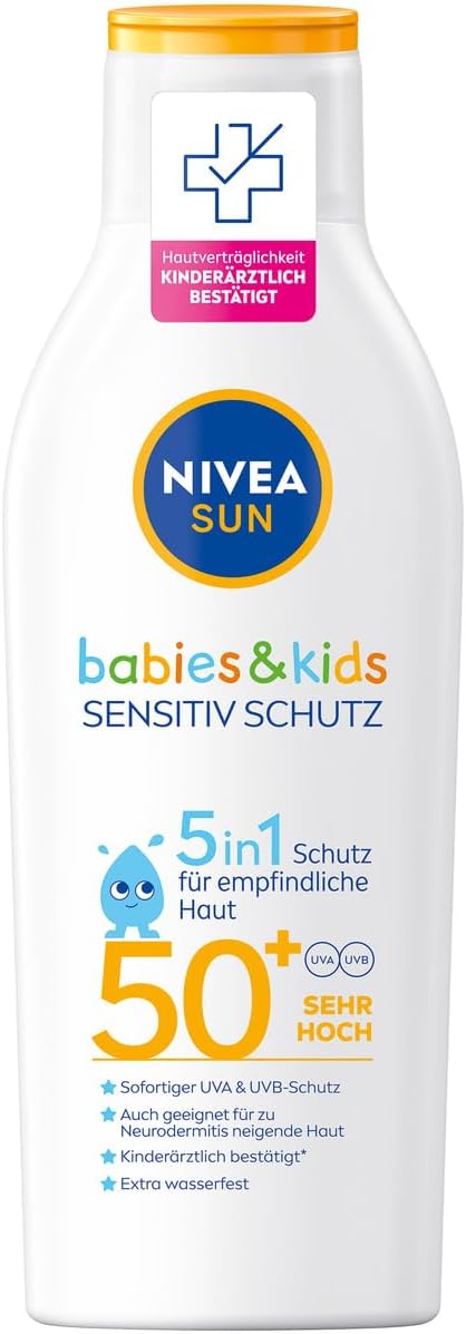 NIVEA Sun Babies & Kids Sensitiv Zonnebrandcrème, SPF 50+ (200 ml), extra waterdichte zonnecrème met SPF 50+, zonnelotion voor kinderen, zonder parfum