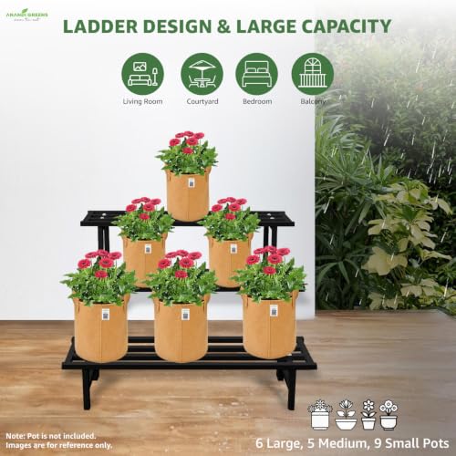 Image of Anandi Greens Black Heavy Duty 3 Tier Metal Plant Stand for Grow Bags Planters and Pots Rust Resistant Iron Plant Pot Holder Rack for Outdoor Balcony Indoor Living Room and Garden Supports Up to 200 kg