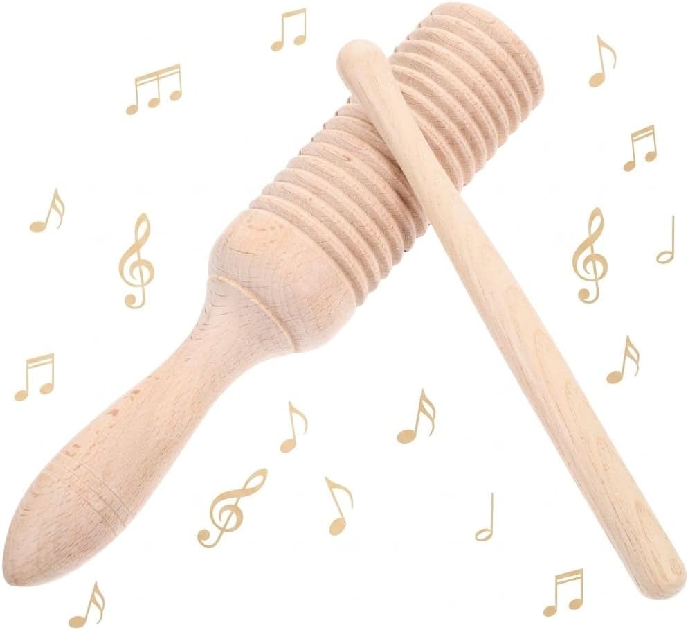 Kisangel Wooden Guiro Instrument, 7.5 Inch Percussion Tone Block with Rhythm Stick, Handheld Natural Wood Musical Toy for Early Childhood Education and Rhythm Learning
