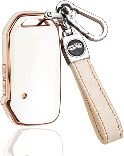 SANRILY Funda para llavero Kia Sportage R GT Stinger GT Sorento Cerato Forte de 3 botones con borde dorado con llavero de cuero color beige