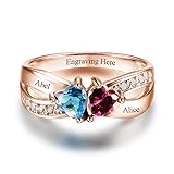 DOLPHERS Personalized Birthstone Ring Lab Grown Diamond Engagement Ring 2/3/4 Heart Gemstone Birthstones Silver or 10K 14K 18K Solid Gold Customized Wedding Promise Ring for Women-107