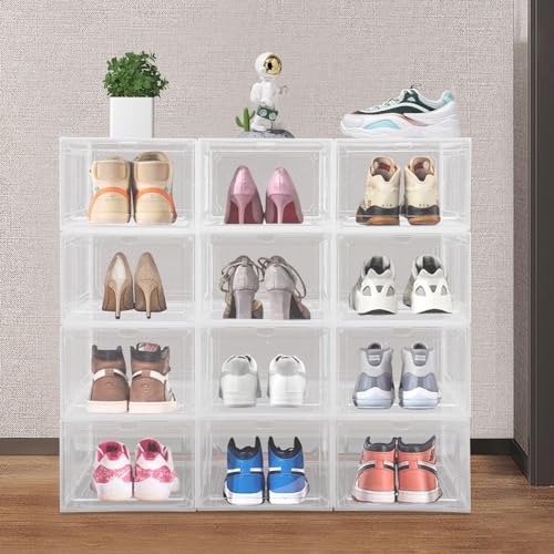 12 Pack Clear Shoe Boxs, Acrylic Shoe Storage Box W/ Magnetic Door, Front Door Opening, Stackable Shoe Container, Multifunctional Sneaker Organizer, Acrylic Shoe Display Case 10.63*13.58*7.48in