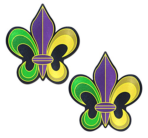 PASTEASE Mardi Gras Pasties - Fleur-de-lis: Purple, Yellow Green Mardi Gras Nipple Covers for Parades, Festivals & Lingerie | Halloween Costume Accessory | Waterproof, Latex Free & Made in USA