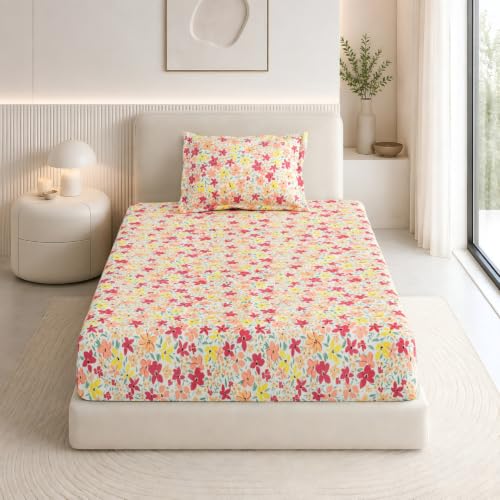 Image of Haus & Kinder Elastic Bedsheet Single Bed, 37 x 78 x 11 Inches Single Bedsheet Cotton Elastic Fitted with 1 Pillow Cover, Pure Cotton 186 TC, Breathable Wrinkel Free - Sunlit Blossom Meadow