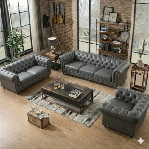 Image of Classic Leatherette Chester Sofa Set Button Tufted, Classic Style Sofa Set 3-Person Sofa for Living Room, Office, and Hallway Colour (Grey Leatherette, 3+2+1=6 Seater Sofa)