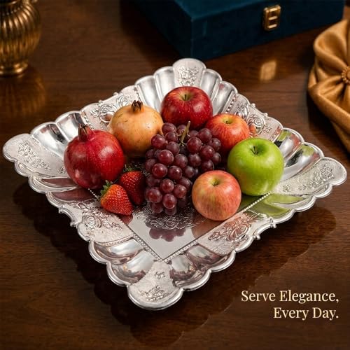 Image of Diviniti Silver German Silver Decorative Tray for Home Decor | Luxury Square Silver Plated Serving Tray for Dry Fruits, Sweets & Fruits | Floral Embossed Gift Platter with Box