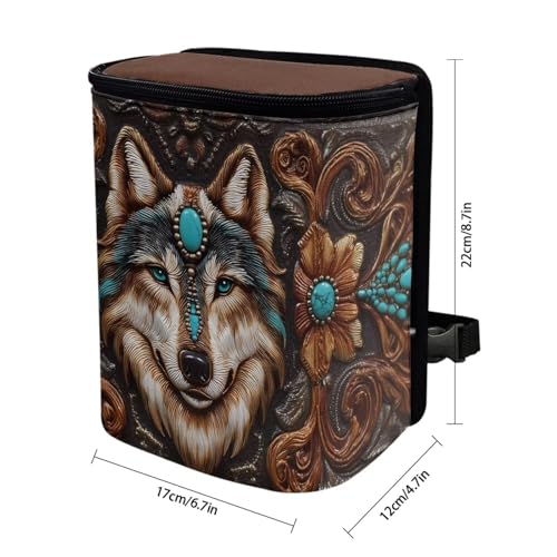 Image of Talayituse Vintage Brown Wolf Print Car Trash Bin, Large Size Auto Trash Can Adjustable Portable Garbage Can with Lid, Vehicle Hanging Bag for Headrest Front Back Seat