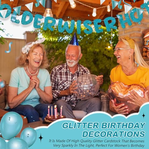 Image of Fulmoon Set of 3 Pre Strung Older Wiser Hotter Glitter Banner Funny Birthday Banner for Women 30th 40th 50th 60th 70th 80th Birthday Party Decorations Sign Gift(Teal)
