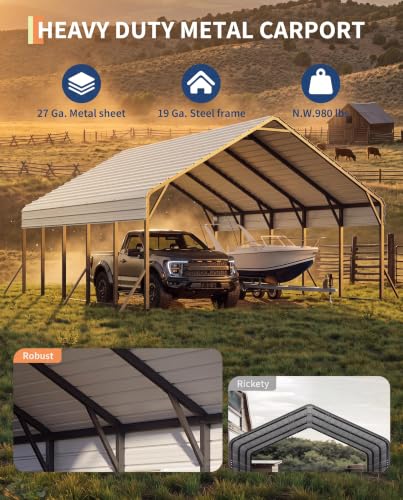 Image of GarveeLife 20'x25'x13' Metal Carport for 2 Cars, White | Heavy Duty Car Ports with Reinforced Frame / Tall Metal Car Ports for Bass Boats, Full-Sized Pickup Trucks, and Tractors