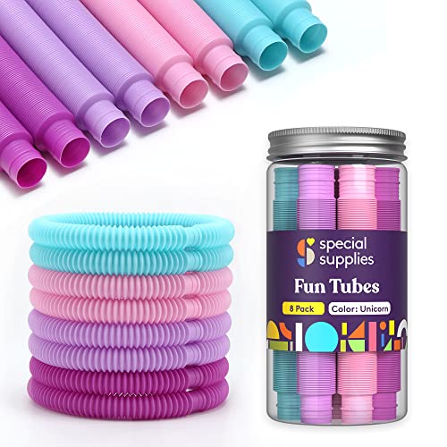Image of Special Supplies Fun Pull and Stretch Tubes for Kids - Pop, Bend, Build, and Connect Toy, Provide Tactile and Auditory Sensory Play, Colorful, Heavy-Duty Plastic (8-Pack Unicorn Colors)