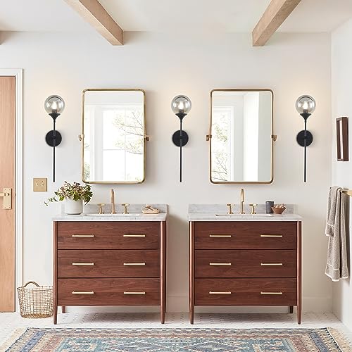 Image of KCO Lighting 1-Light Matte Black Mid Century Wall Sconce Set of Two Modern Bathroom Vanity Globe Wall Light Set of 2 Vintage Smoke Gray Glass Wall Bedroom Wall Lamp
