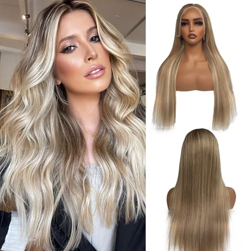 Image of 20 Inch Ombre Lace Front Wig Human Hair #8T18 /60 Ash Brown to Blonde HD Lace Front Wigs Human Hair Pre Plucked Glueless 180% Density Balayage Highlights 13x6 Straight Lace Frontal Wigs for Women